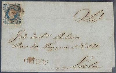 Portugal 1853 D&ordf; Maria II, envelope circulated from &Oacute;bidos to Lisbon with a stamp obliterated 