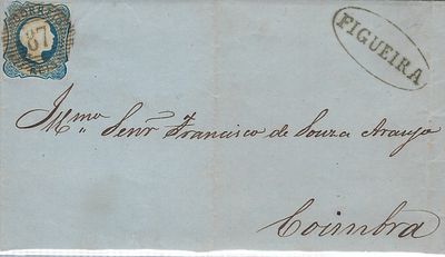 Portugal D. Pedro V, straight hair, MF6, envelope circulated from Figueira to Coimbra