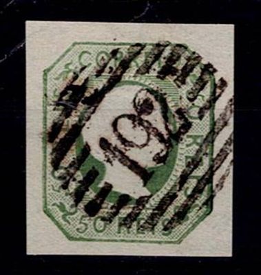Portugal 1855-56 D. Pedro with straight hair. Stamp Mf#8, 50 r&eacute;is, green, plain paper. Used 