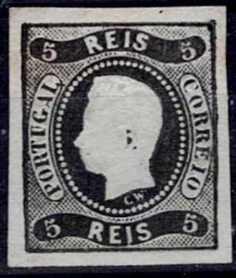 Portugal 1866-67 D. Luis I, curved ribbon, no perforations. Stamp Mf#19, 5 reis black, no 