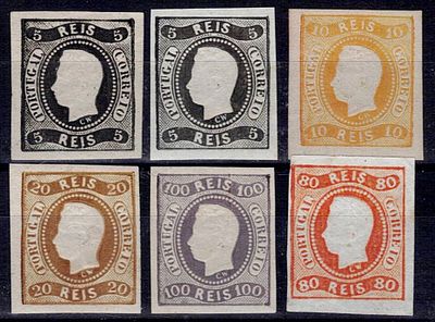 Portugal 1866-1867 D. Luis I, curved ribbon, not perforated . Set of 6 stamps Mf#19, 10 Reis in 