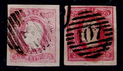 Portugal 1866-67 D. Luis, curved ribbon, no perforations. 2 stamps Mf#22, 25 reis crimson 