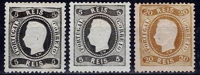 Portugal 1867-70 D. Luis I, curved ribbon with perforations. Set of 3 stamps Mf#27, 10 Reis in 