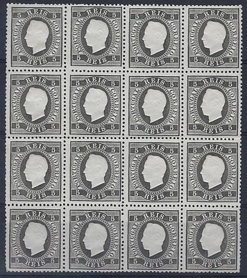 Portugal 1870/76 D. Lu&iacute;s I, right ribbon, block of 16 stamps MF36d plain paper, type 5 new () 