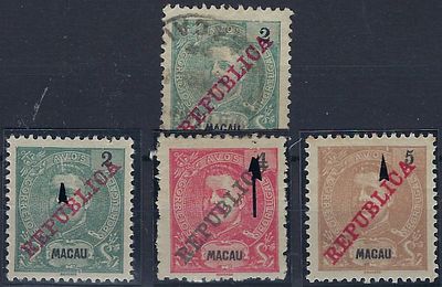Macau 1911 King Carlos I with the Republic, 4 stamps with clich&eacute; defects.