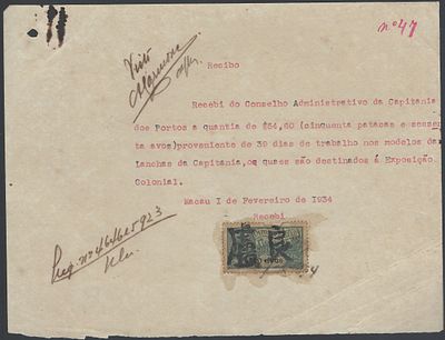 Macau Tax Receipt for Service 1.2.34 with 10 avos stamp