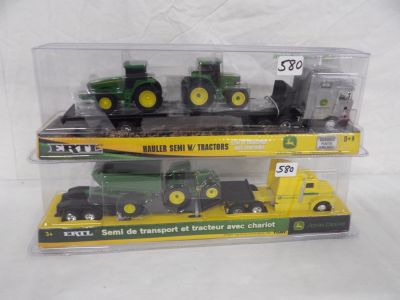 2 SEMI HAULERS. LOADED W JD TRACTORS 1-64 SCALE W BOX