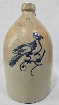 JL. & CW. Underwood Decorated 2 Gallon Jug. Cobalt blue bird design. Very clean condition, we