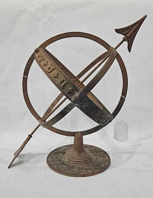 Zodiac Sign Armillary Globe. Zodiac signs along bottom base with directional arrow. 14.5 inches