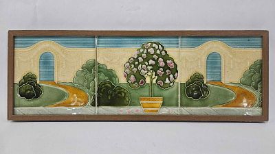 Framed Tile Landscape. 3 etched and glazed tile in a 18.5x6.5 inch frame