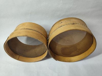 Pair of Wooden Sifters. Each is newer, one with metal screen and other with a nylon screen. 6.5