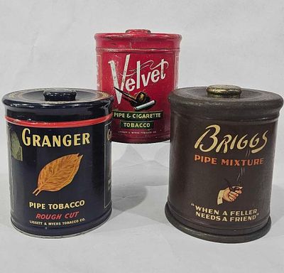 Tobacco Cans. Velvet, Briggs, and Granger. Each includes lid and is 6 inches tall