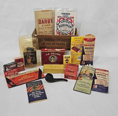 Briar Pipe, Pipe Cleaners, and Tobacco Items. Wooden cheroot box, paper bags and more