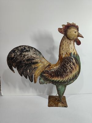 Primitive Painted Rooster Topper. Metal body and base with a distressed paint. 26x23x6