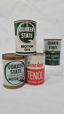 Quaker State & Sinclair One Quart Cans. QS antifreeze can is full.