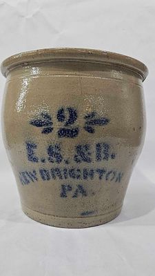 E.S. & B 2 Gallon Crock. New Brighton Pa. A few hairline cracks and chip from rim. 9.5 inches
