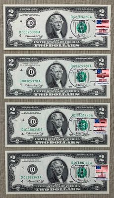 Four 1976 First Day of Issue $2 Uncirculated US Currency Bills, Stamped Paper Money. 4 pc lot