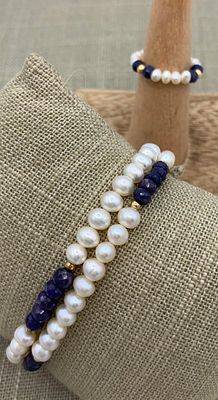 3 pc Faceted Sapphire Bead, Freshwater Pearl & Gold Bead Stretch Bracelets and Ring Ensemble. Mea