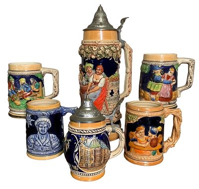 6 Vintage Western Germany Stoneware Pottery Barware Beer Steins. Two with metal hinged lids, 5"