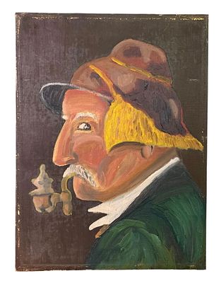 Original Vintage Hand Painted Oil on Canvas Portrait of a Pipe Smoking Tyrolean Gent. 15 3/4" x
