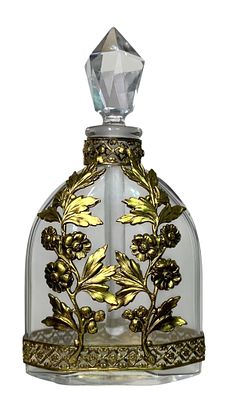 Early Antique French Baccarat Crystal Floral Openwork Ormolu Perfume Bottle. Opulent gilded