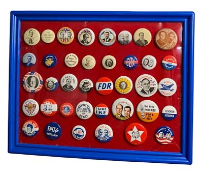 38 pc c1972 US Presidential Patriotic Campaign Pinback Button Collection. 11 7/8" x 9 1/2" total