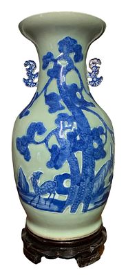 Large Antique Chinese Celadon Hall Vase, Cobalt Blue Goats and Tree Design. Fantastic design in