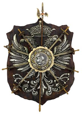 Mid Century Spanish TOLEDO Miniature Rapier, Sword, Weaponry Eagle Coat of Arms Wall Plaque. Wood