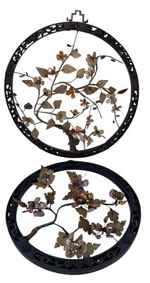 Pair Oriental Carved Jade & Natural Stone Openwork Wood Frame Tree Wall Art Sculptures. 13" x 12