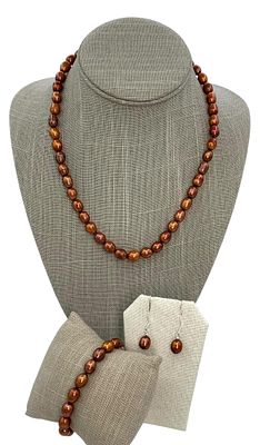 Ringed Cinnamon Potato Pearl 925 Necklace, Bracelet & Pierced Earrings Set. Hallmarked 925 on