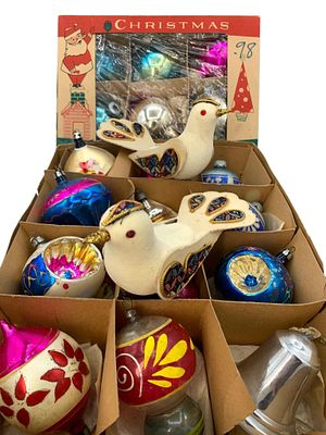 24 pc Vintage Velveteen Birds, Glass Indent, Painted & Glittered Christmas Tree Ornaments. One