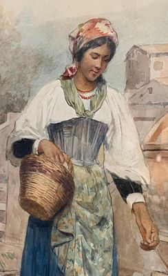 Antique Augusto Bompiani Italian Maiden Watercolor Painting, Framed Art. 24 1/4" x 20 1/4" x 1"