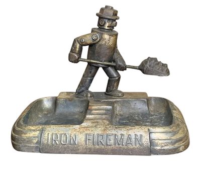 1930s Iron Fireman Cast Metal ROBOT, Tin Man, Double Well Cigarette, Cigar, Ashtray. 6 1/2" x 4