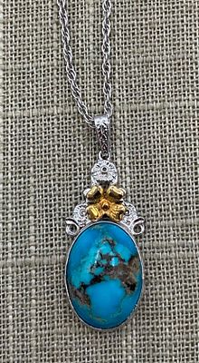 10k Gold, Sterling Silver & Turquoise Cabochon Necklace, 925 Chain. Hallmarked 10k and Sterling