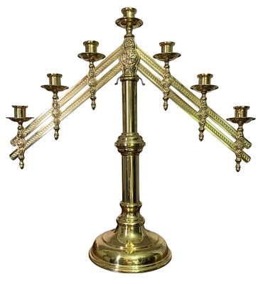 Vintage Embossed Brass Articulated Cathedral Altar Candlestick Holder, 7 Wax Candle Candelabra. A