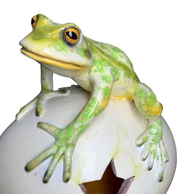 Mexican Artist Made Speckled Frog on Large Egg Pottery Sculpture. 7" x 6 1/4" x 5 1/4"
