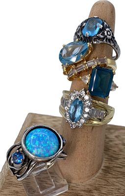 5 Sterling Silver Sparkling Bejeweled Rings. Each hallmarked 925, ranging in size from 5.75 to 8