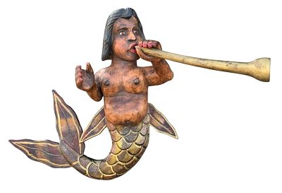 Exotic Nautical Carved Wood Glass Eyed Siren, Mermaid, Maritime Sculpture. 34" x 23" x 16"