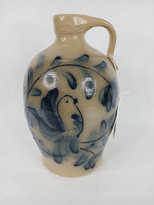 Maple city pottery cobalt blue bird crock jug. Approximately half gallon 10 in tall free of any