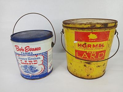 8# Hormel and 4# Bob Evans lard tins. both show some rust