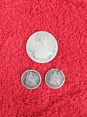 1853 & 1855 seated liberty half dimes and 1876 seated liberty quarter. .