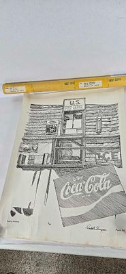 Pen and ink drawing by Randall Thompson of historic Meers store and post office. signed and 