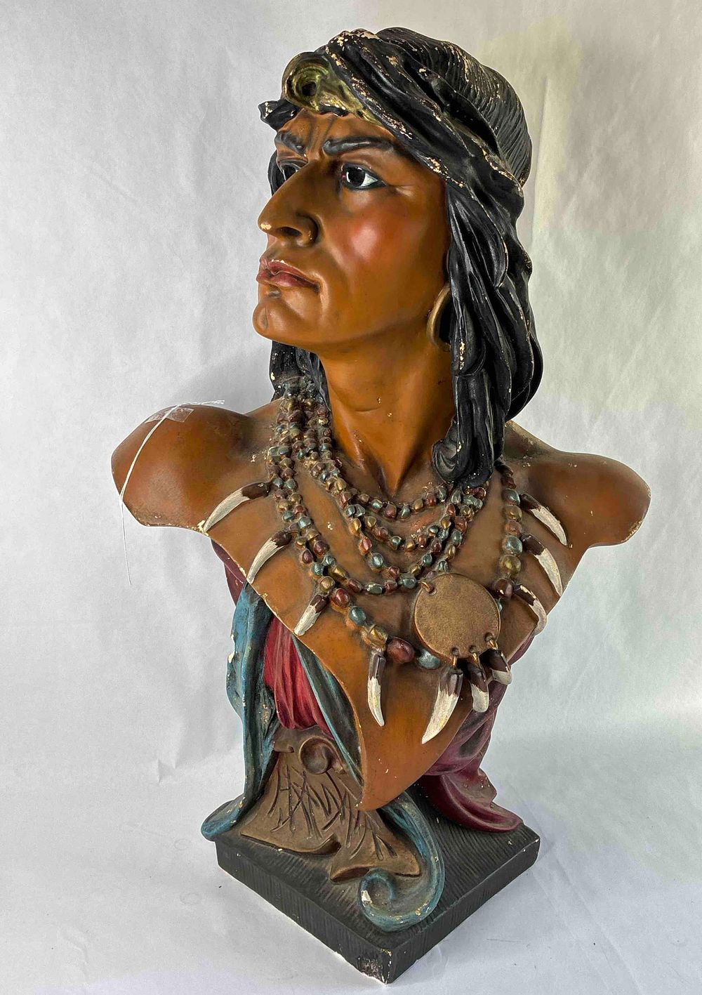 Native American Leader Hiawatha Iroquois Chalkware Bust. Showing flaking and minor areas of 