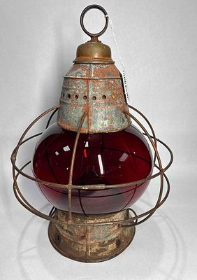 Early unusual kerosene marine lantern. Wire cage is approximately 12in diameter and 18.5in tall.