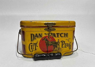 Dan Patch Tobbacco Tin. Nice bright horse drawn images, with wire and wooden handle. Scotten 