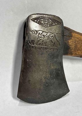 Shapleigh Hardware Co Diamond Edge Hatchet. Hunting dog image to head. 4.75 in head with 14 inch 