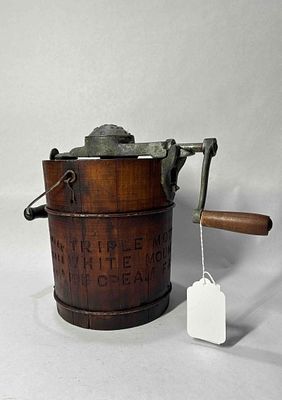 Triple Motion White Mountain Ice Cream Freezer. Lettering stamped to outside of wooden churn. 