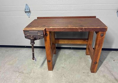 Miniature Workshop Bench W VIse. Small scale workbench with attached working vise. 30x16x23