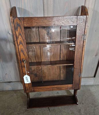 Oak Hanging Wall Display Cabinet. 3 interior shelves and on lower. 30x17x5