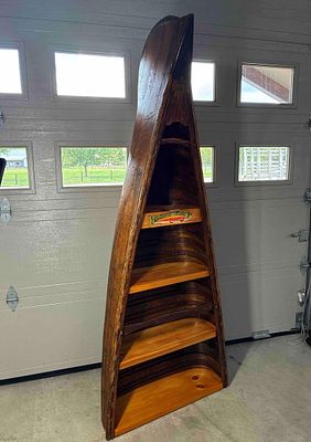 St. Louis Boat & Canoe Co Repurposed Canoe Shelf. This excellent original canoe was fashioned 
